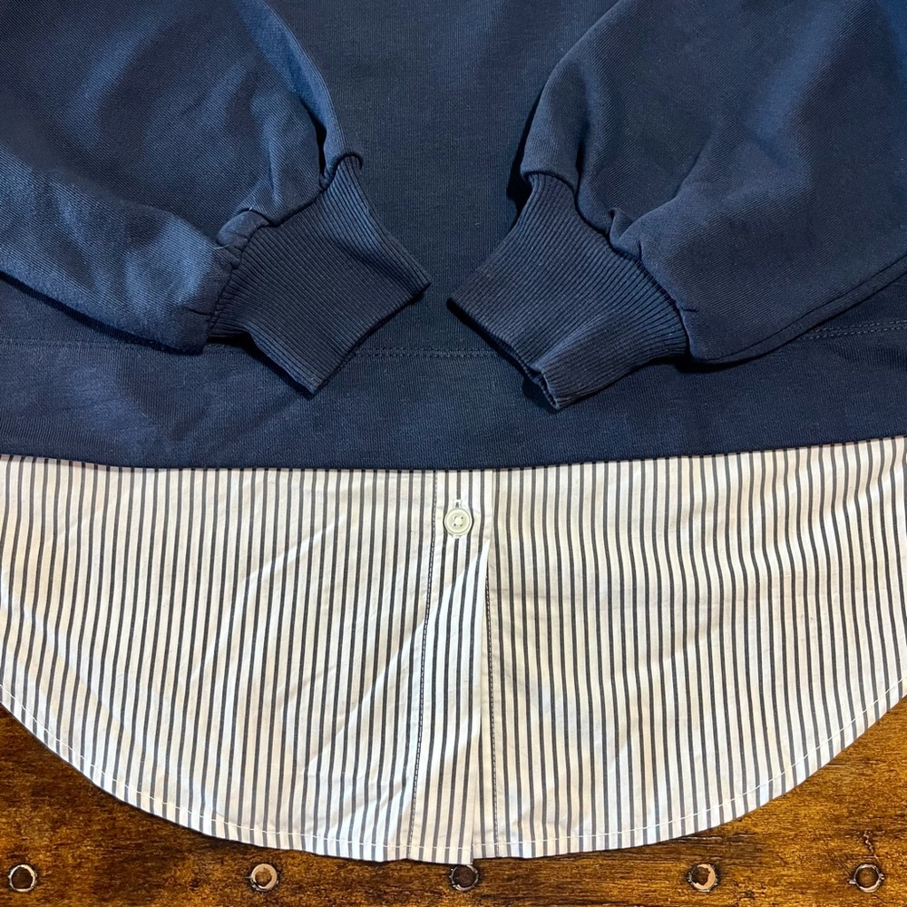 Loft Mixed Media Sweatshirt Women XS Petite Navy Striped Layered Preppy Classic - Picture 4 of 12